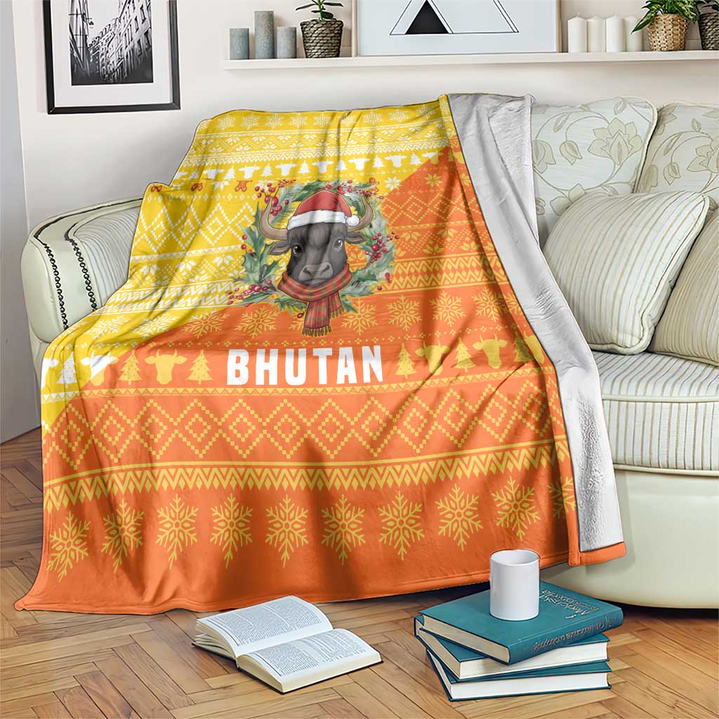 Bhutan Christmas Blanket with Takin Reindeer Antlers Santa Hat and Yellow Orange Holiday Pattern - Wonder Print Shop