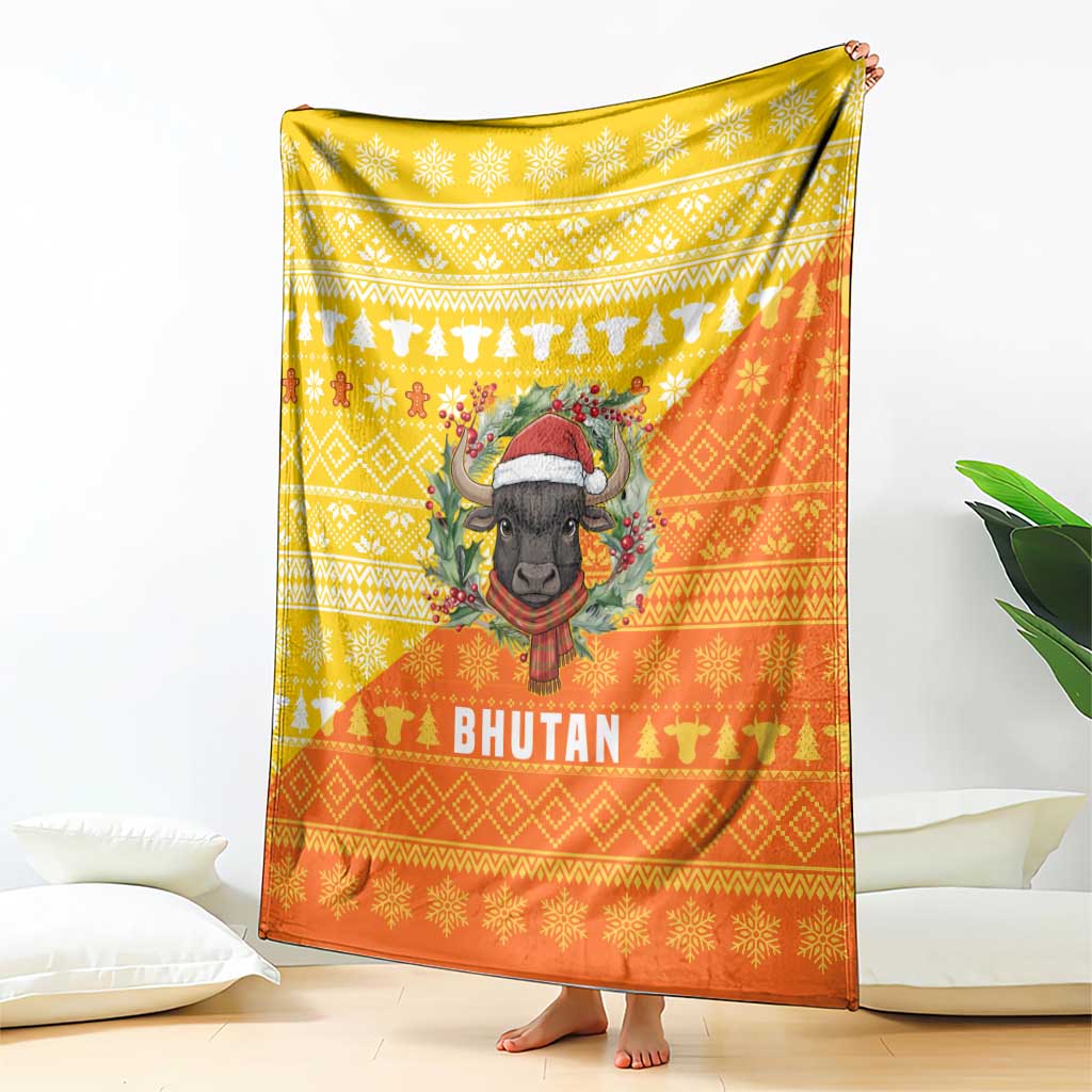 Bhutan Christmas Blanket with Takin Reindeer Antlers Santa Hat and Yellow Orange Holiday Pattern - Wonder Print Shop