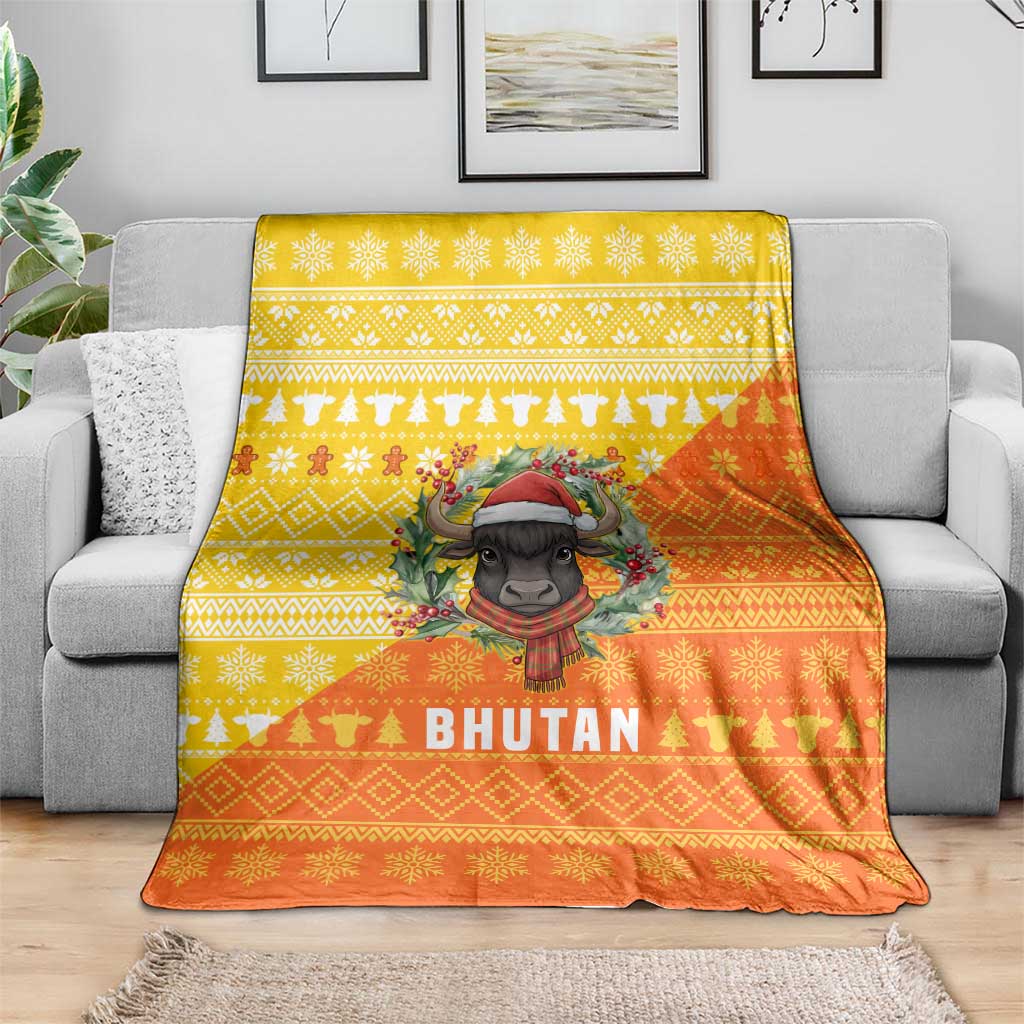 Bhutan Christmas Blanket with Takin Reindeer Antlers Santa Hat and Yellow Orange Holiday Pattern - Wonder Print Shop