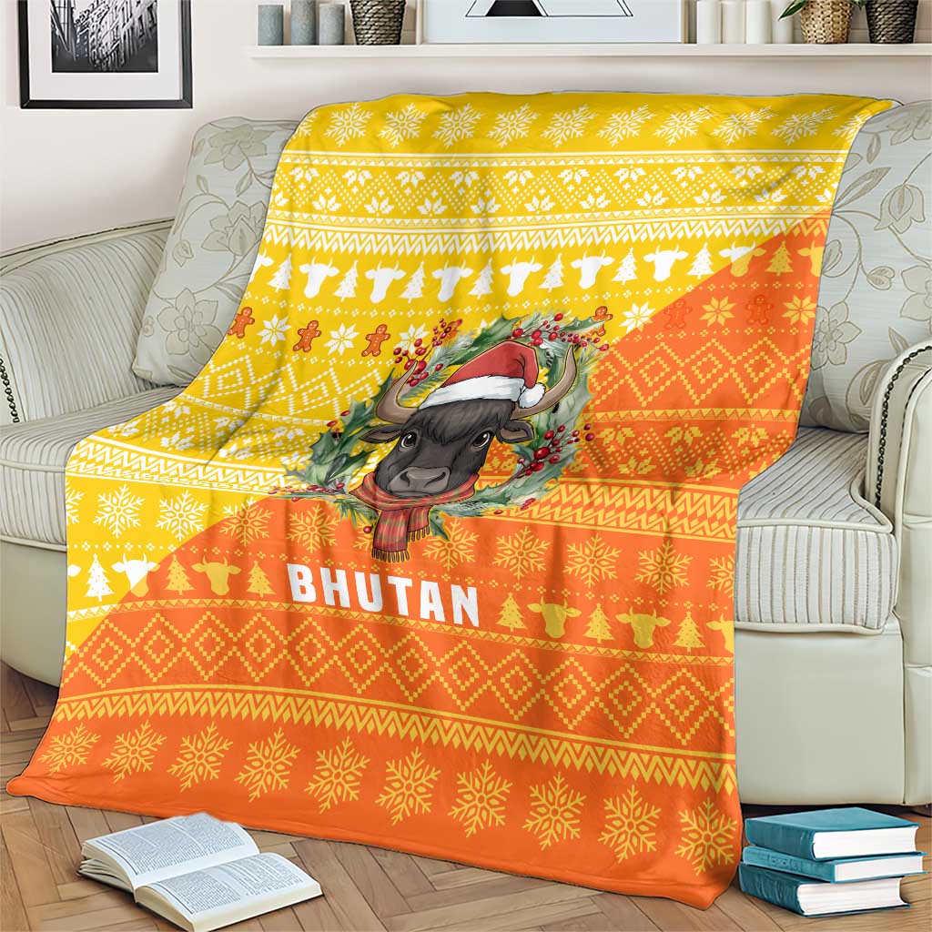 Bhutan Christmas Blanket with Takin Reindeer Antlers Santa Hat and Yellow Orange Holiday Pattern - Wonder Print Shop