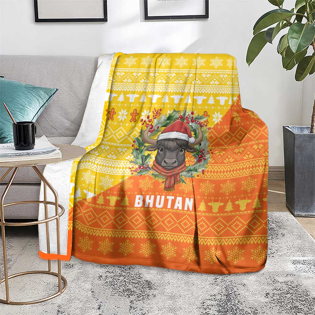 Bhutan Christmas Blanket with Takin Reindeer Antlers Santa Hat and Yellow Orange Holiday Pattern - Wonder Print Shop