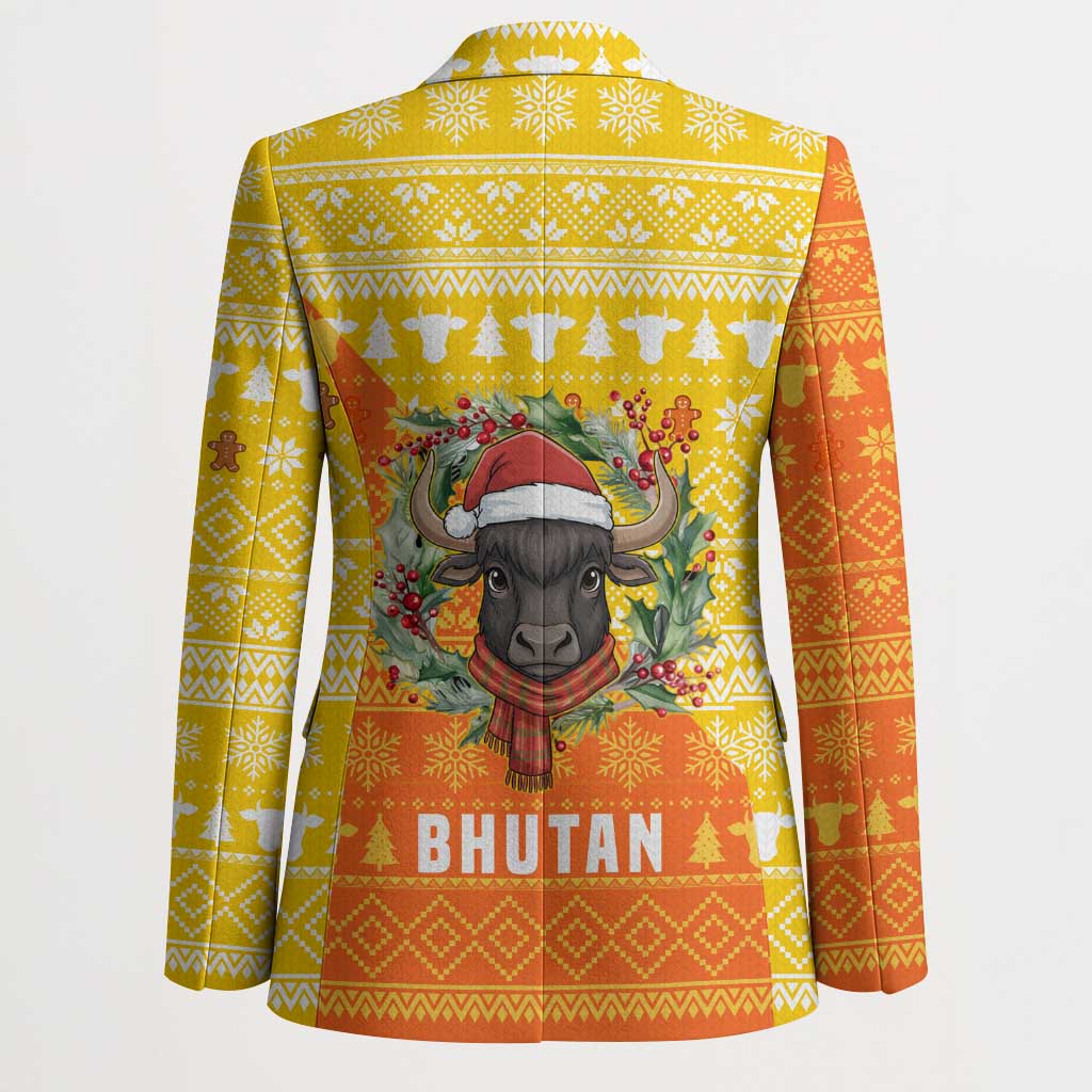 Bhutan Christmas Blazer with Takin Reindeer Antlers Santa Hat and Yellow Orange Holiday Pattern - Wonder Print Shop