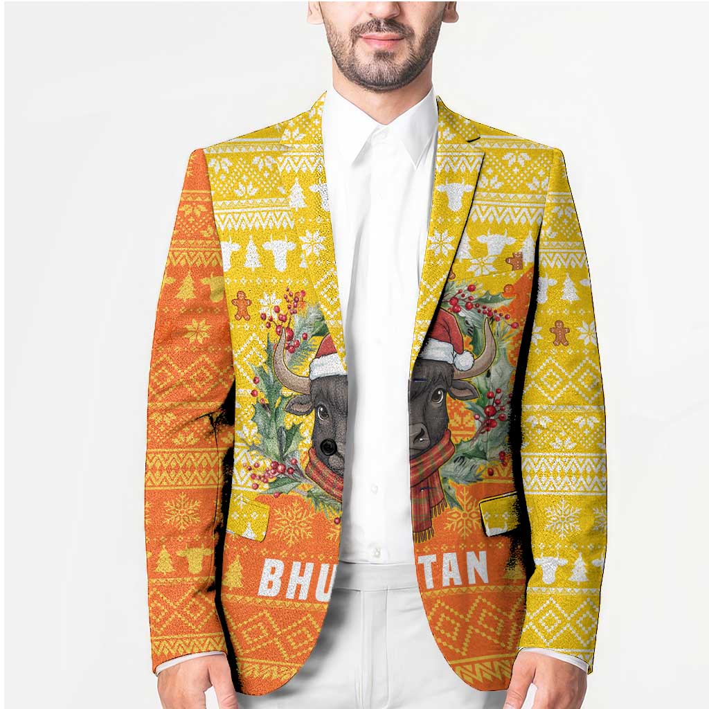 Bhutan Christmas Blazer with Takin Reindeer Antlers Santa Hat and Yellow Orange Holiday Pattern - Wonder Print Shop