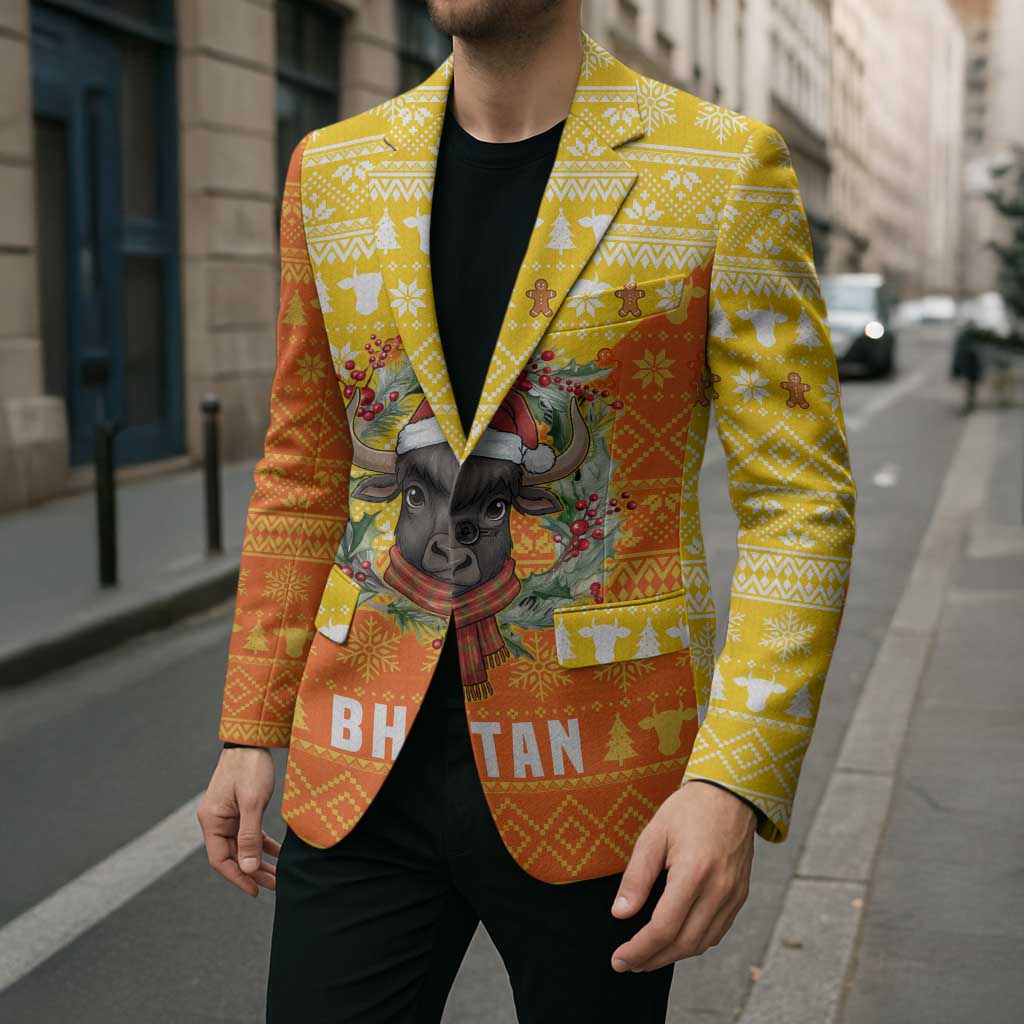 Bhutan Christmas Blazer with Takin Reindeer Antlers Santa Hat and Yellow Orange Holiday Pattern - Wonder Print Shop