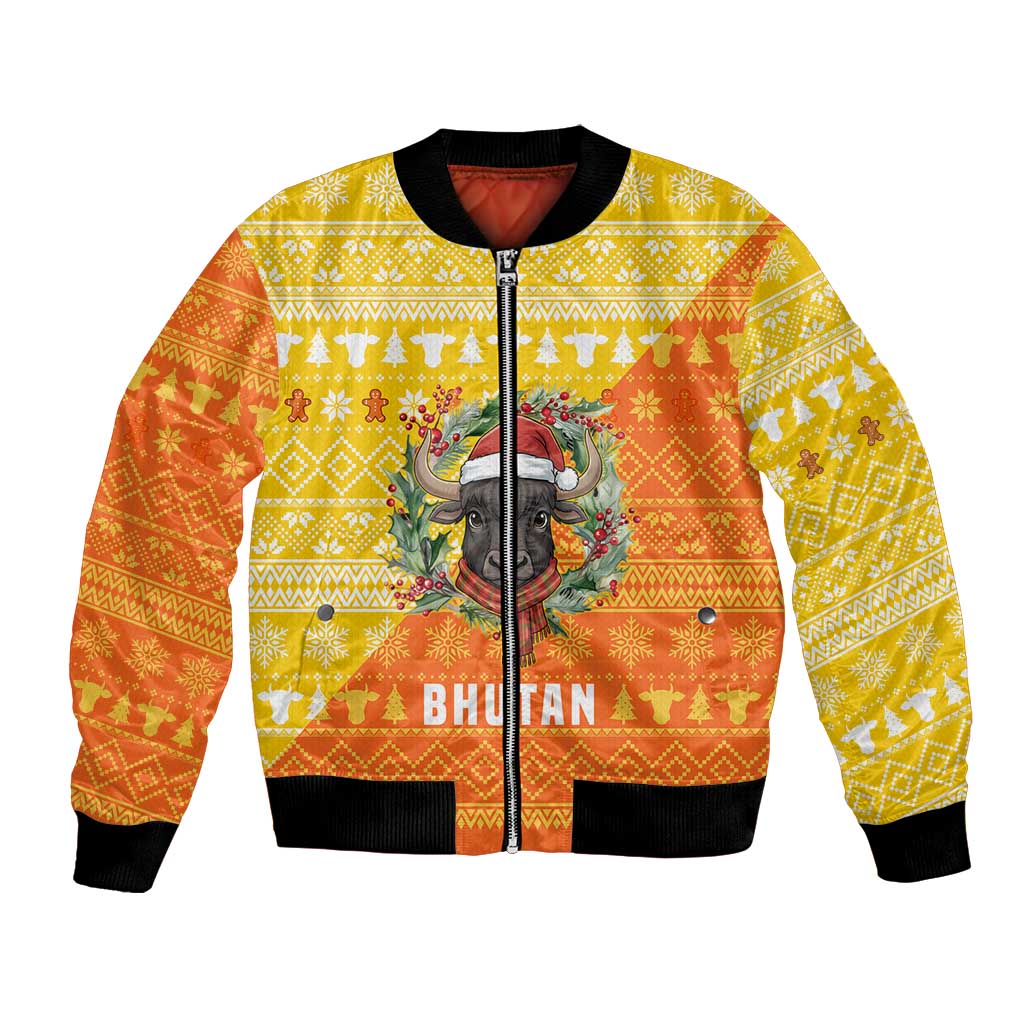 Bhutan Christmas Bomber Jacket with Takin Reindeer Antlers Santa Hat and Yellow Orange Holiday Pattern - Wonder Print Shop