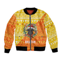 Bhutan Christmas Bomber Jacket with Takin Reindeer Antlers Santa Hat and Yellow Orange Holiday Pattern - Wonder Print Shop