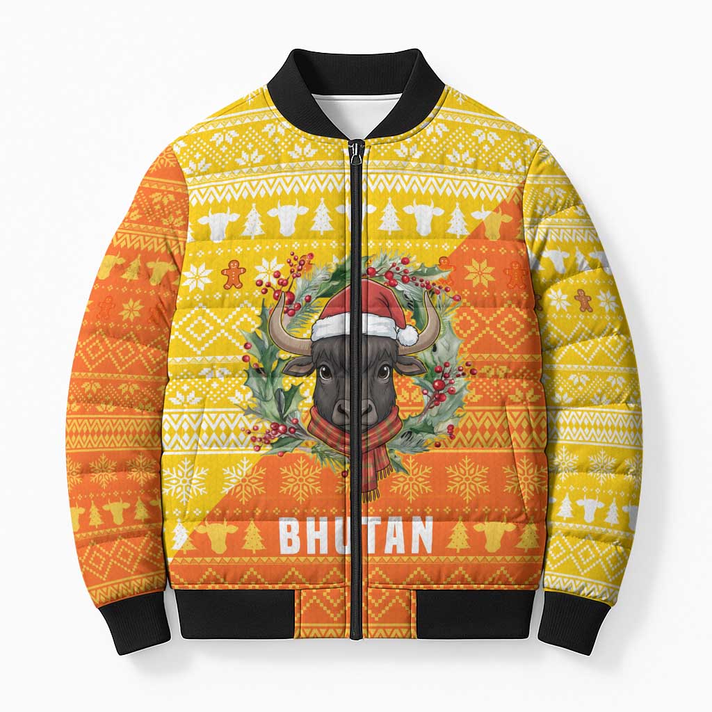 Bhutan Christmas Bomber Puffer Jacket with Takin Reindeer Antlers Santa Hat and Yellow Orange Holiday Pattern - Wonder Print Shop