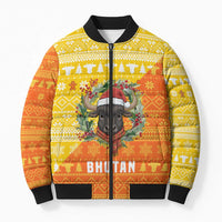 Bhutan Christmas Bomber Puffer Jacket with Takin Reindeer Antlers Santa Hat and Yellow Orange Holiday Pattern - Wonder Print Shop