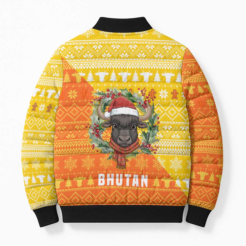 Bhutan Christmas Bomber Puffer Jacket with Takin Reindeer Antlers Santa Hat and Yellow Orange Holiday Pattern - Wonder Print Shop