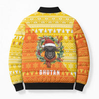 Bhutan Christmas Bomber Puffer Jacket with Takin Reindeer Antlers Santa Hat and Yellow Orange Holiday Pattern - Wonder Print Shop