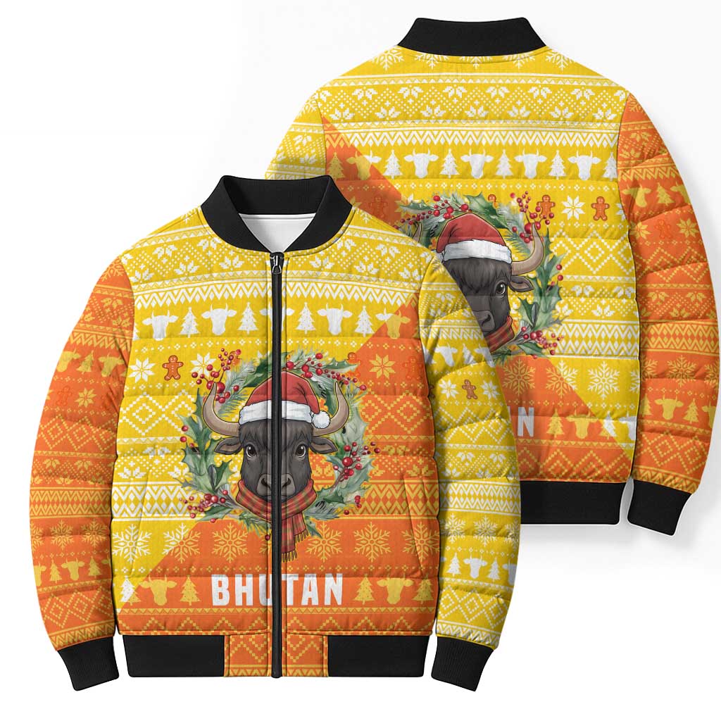 Bhutan Christmas Bomber Puffer Jacket with Takin Reindeer Antlers Santa Hat and Yellow Orange Holiday Pattern - Wonder Print Shop