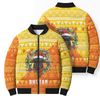 Bhutan Christmas Bomber Puffer Jacket with Takin Reindeer Antlers Santa Hat and Yellow Orange Holiday Pattern - Wonder Print Shop