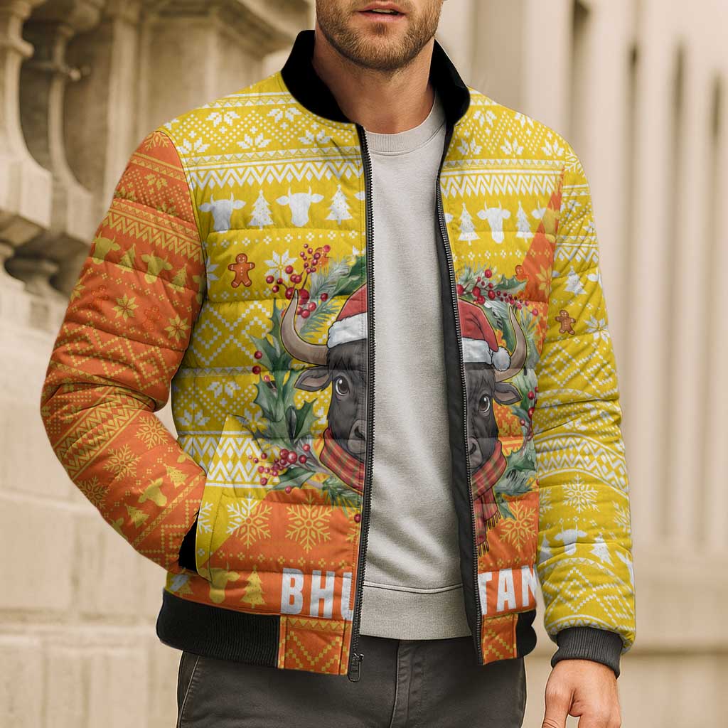 Bhutan Christmas Bomber Puffer Jacket with Takin Reindeer Antlers Santa Hat and Yellow Orange Holiday Pattern - Wonder Print Shop