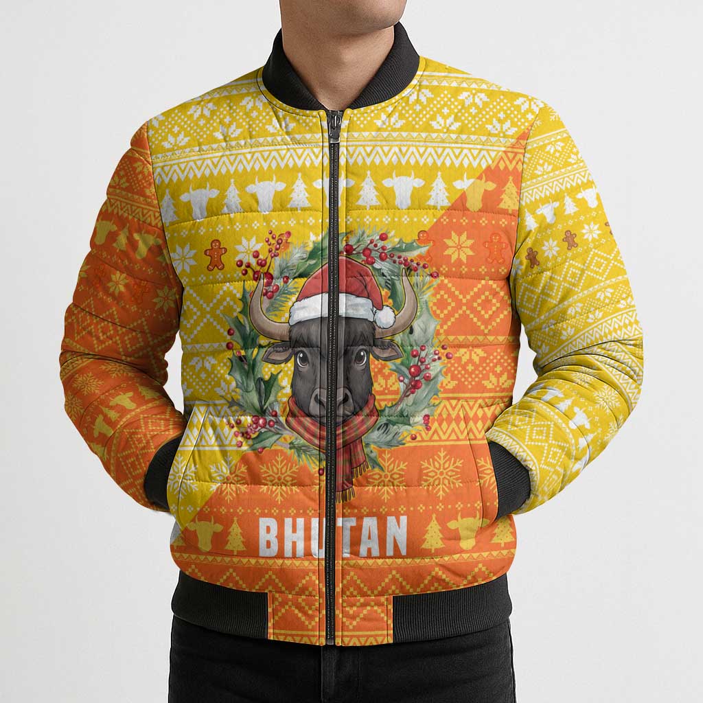 Bhutan Christmas Bomber Puffer Jacket with Takin Reindeer Antlers Santa Hat and Yellow Orange Holiday Pattern - Wonder Print Shop