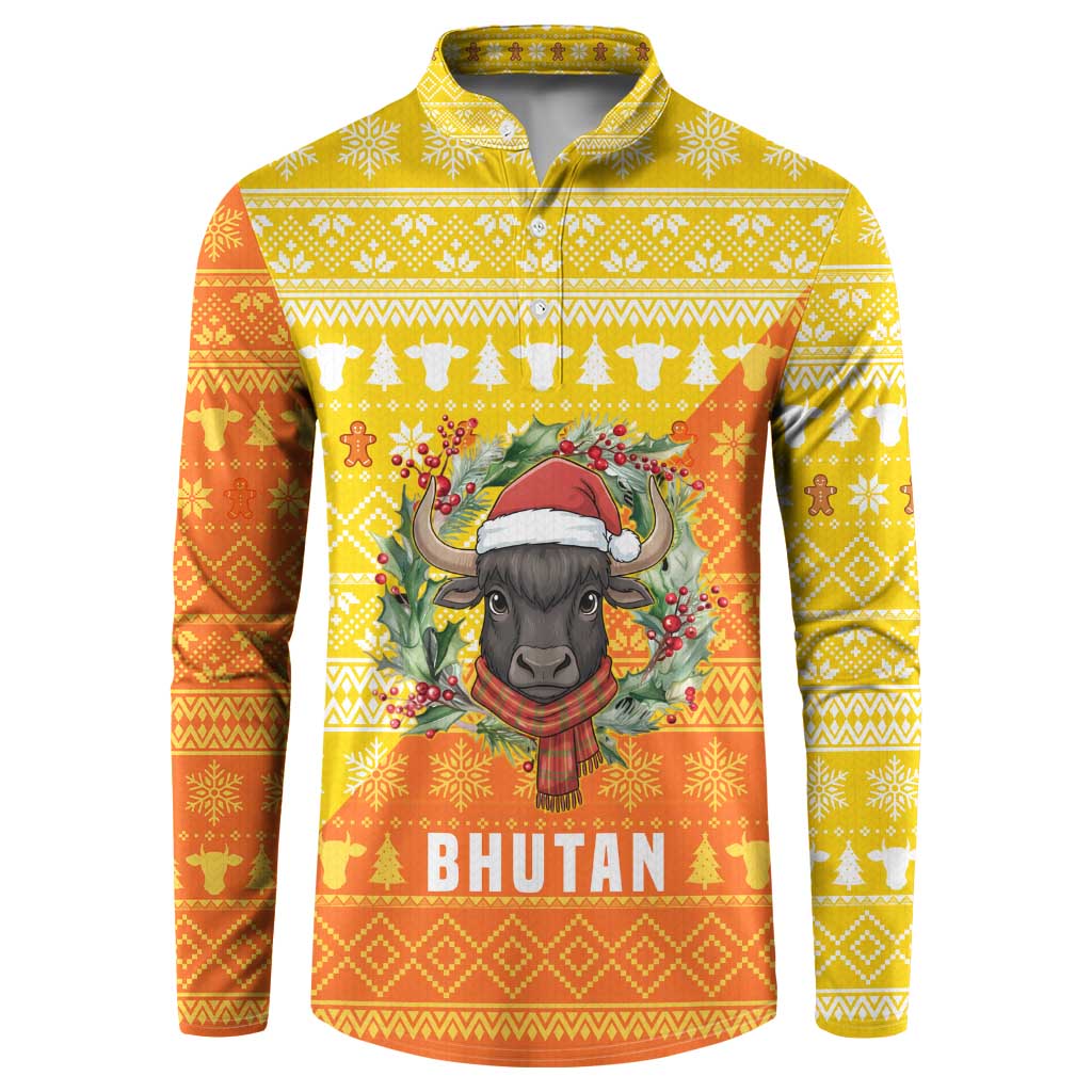 Bhutan Christmas Button Sweatshirt with Takin Reindeer Antlers Santa Hat and Yellow Orange Holiday Pattern - Wonder Print Shop