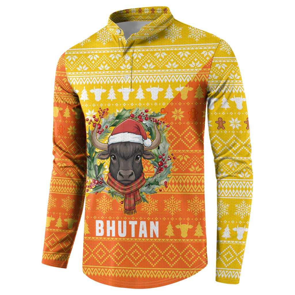 Bhutan Christmas Button Sweatshirt with Takin Reindeer Antlers Santa Hat and Yellow Orange Holiday Pattern - Wonder Print Shop