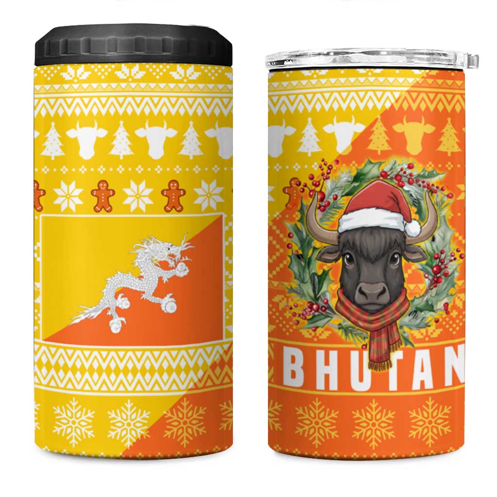 Bhutan Christmas 4 in 1 Can Cooler Tumbler with Takin Reindeer Antlers Santa Hat and Yellow Orange Holiday Pattern - Wonder Print Shop
