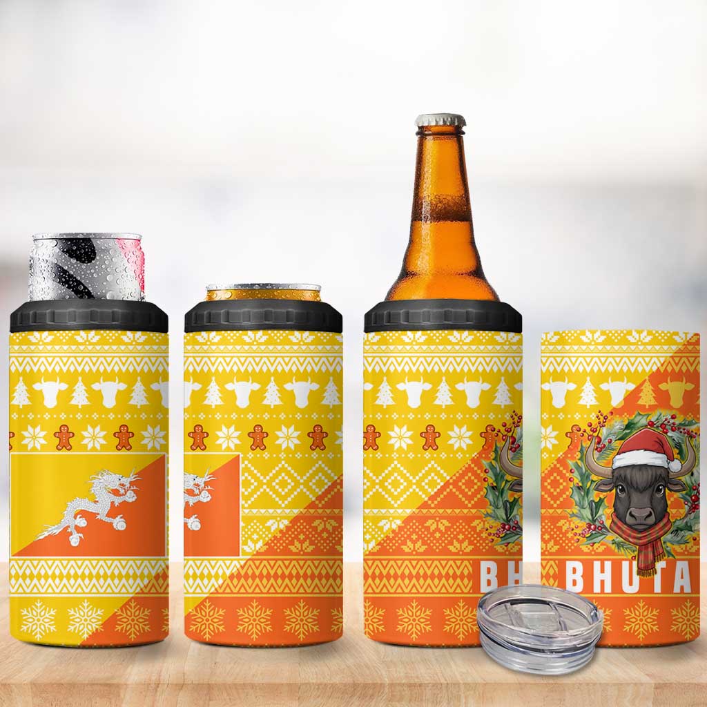 Bhutan Christmas 4 in 1 Can Cooler Tumbler with Takin Reindeer Antlers Santa Hat and Yellow Orange Holiday Pattern - Wonder Print Shop