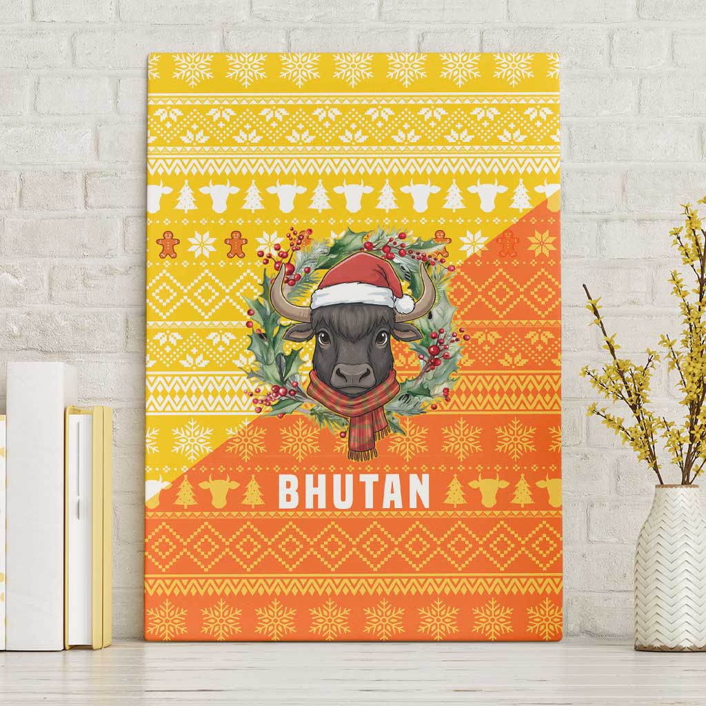 Bhutan Christmas Canvas Wall Art with Takin Reindeer Antlers Santa Hat and Yellow Orange Holiday Pattern - Wonder Print Shop