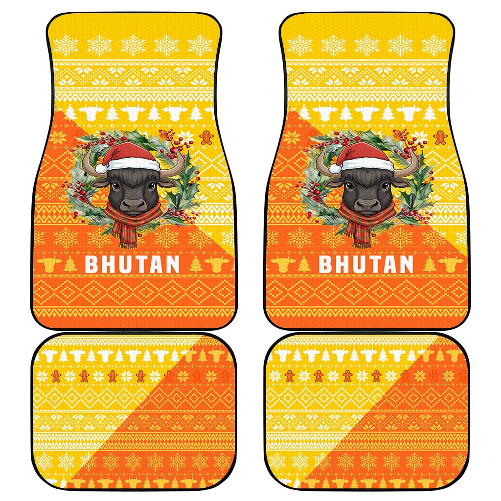 Bhutan Christmas Car Mats with Takin Reindeer Antlers Santa Hat and Yellow Orange Holiday Pattern - Wonder Print Shop
