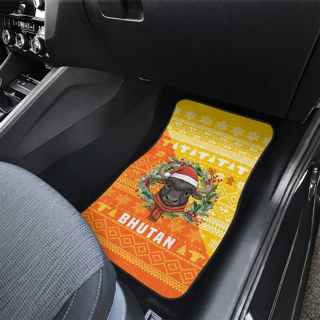 Bhutan Christmas Car Mats with Takin Reindeer Antlers Santa Hat and Yellow Orange Holiday Pattern - Wonder Print Shop