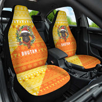 Bhutan Christmas Car Seat Cover with Takin Reindeer Antlers Santa Hat and Yellow Orange Holiday Pattern - Wonder Print Shop