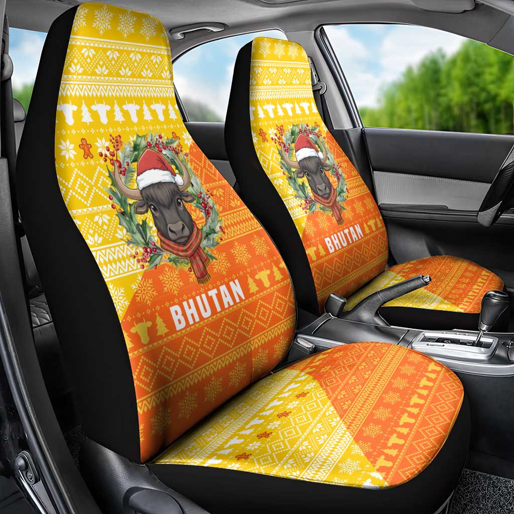 Bhutan Christmas Car Seat Cover with Takin Reindeer Antlers Santa Hat and Yellow Orange Holiday Pattern - Wonder Print Shop