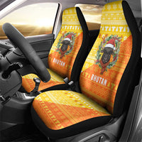 Bhutan Christmas Car Seat Cover with Takin Reindeer Antlers Santa Hat and Yellow Orange Holiday Pattern - Wonder Print Shop