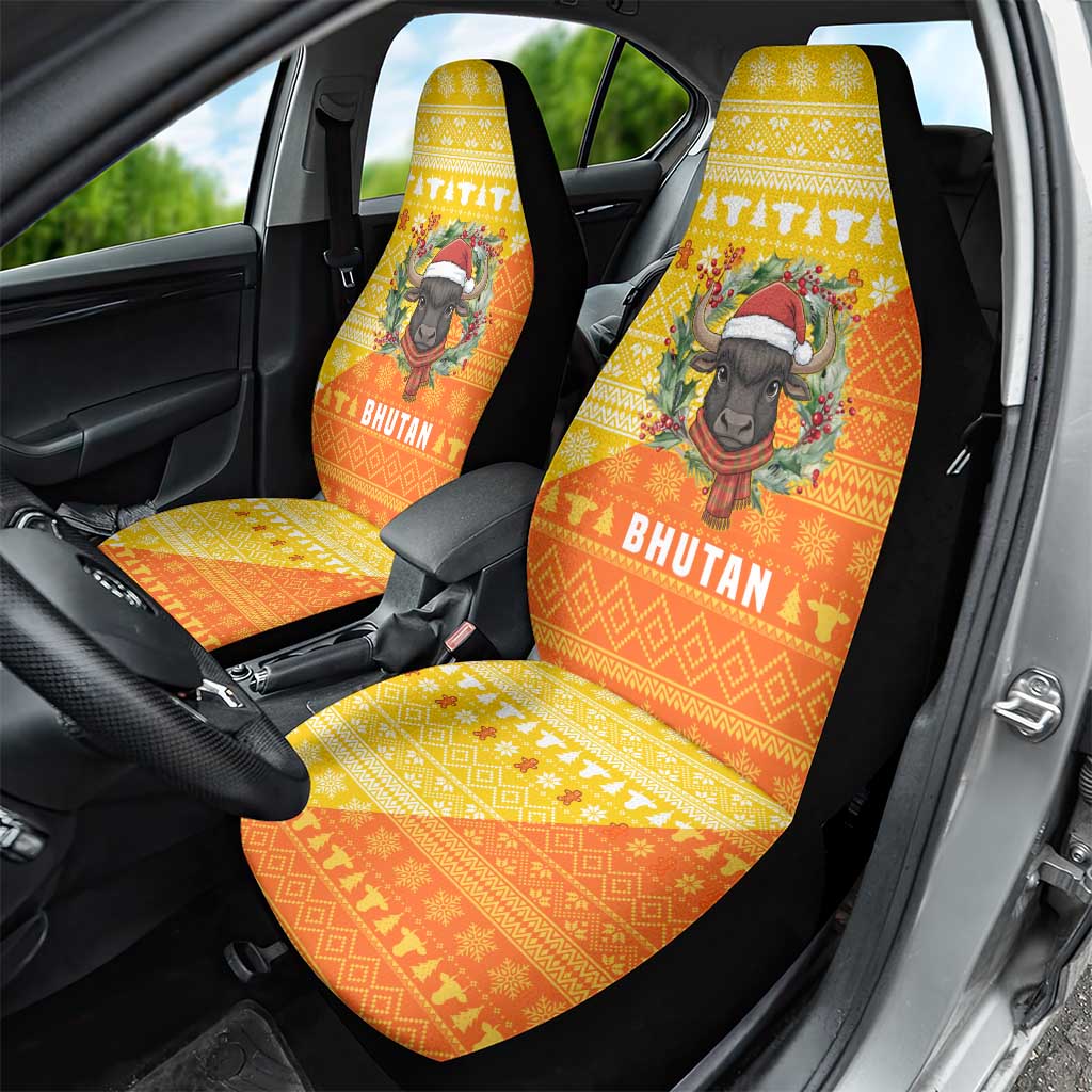 Bhutan Christmas Car Seat Cover with Takin Reindeer Antlers Santa Hat and Yellow Orange Holiday Pattern - Wonder Print Shop