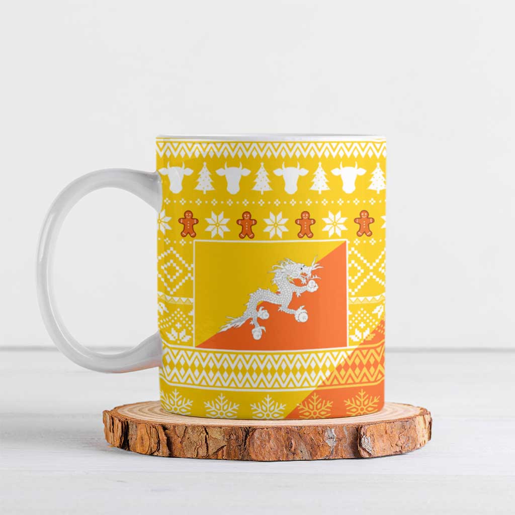 Bhutan Christmas Ceramic Mug with Takin Reindeer Antlers Santa Hat and Yellow Orange Holiday Pattern - Wonder Print Shop