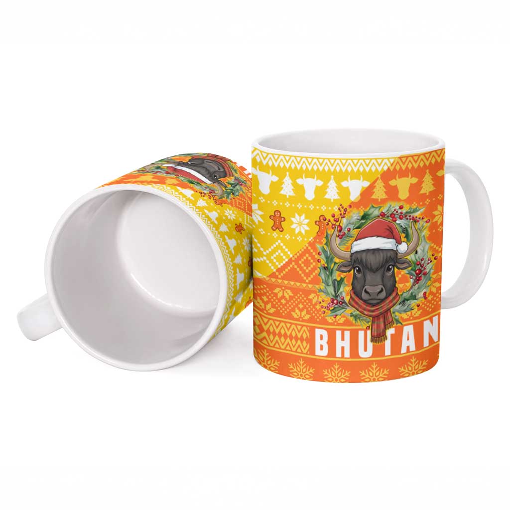 Bhutan Christmas Ceramic Mug with Takin Reindeer Antlers Santa Hat and Yellow Orange Holiday Pattern - Wonder Print Shop