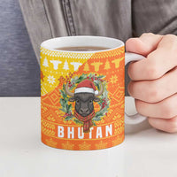 Bhutan Christmas Ceramic Mug with Takin Reindeer Antlers Santa Hat and Yellow Orange Holiday Pattern - Wonder Print Shop