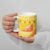 Bhutan Christmas Ceramic Mug with Takin Reindeer Antlers Santa Hat and Yellow Orange Holiday Pattern - Wonder Print Shop