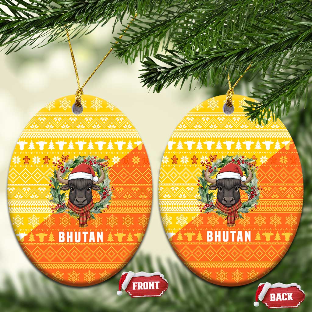 Bhutan Christmas Ceramic Ornament with Takin Reindeer Antlers Santa Hat and Yellow Orange Holiday Pattern - Wonder Print Shop