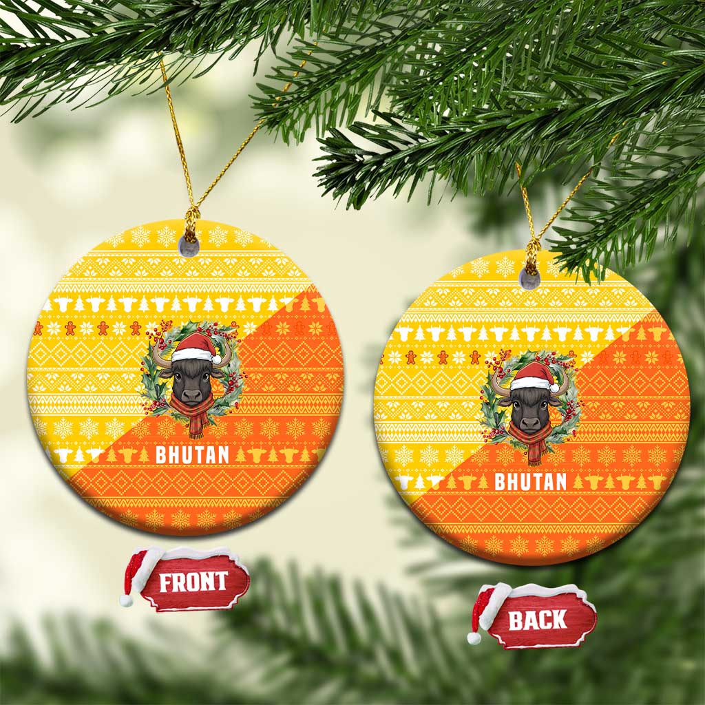 Bhutan Christmas Ceramic Ornament with Takin Reindeer Antlers Santa Hat and Yellow Orange Holiday Pattern - Wonder Print Shop