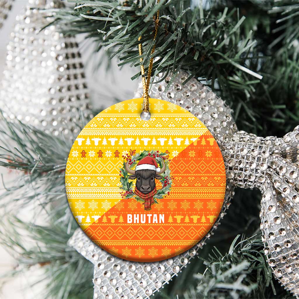 Bhutan Christmas Ceramic Ornament with Takin Reindeer Antlers Santa Hat and Yellow Orange Holiday Pattern - Wonder Print Shop