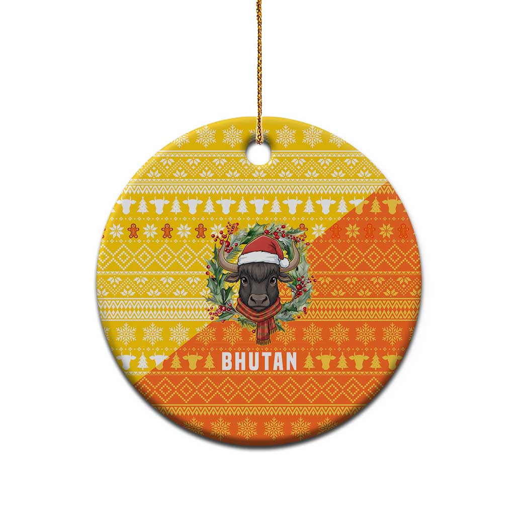 Bhutan Christmas Ceramic Ornament with Takin Reindeer Antlers Santa Hat and Yellow Orange Holiday Pattern - Wonder Print Shop