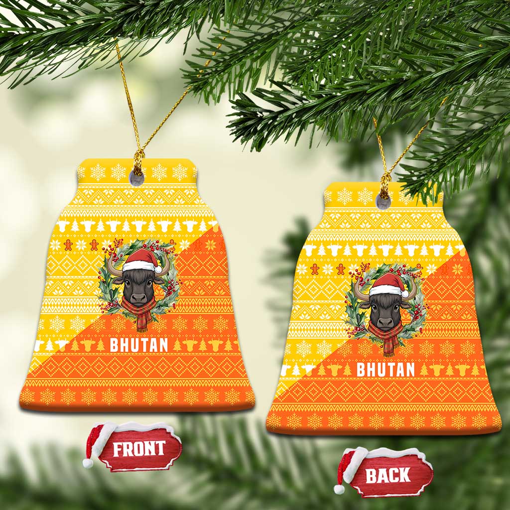 Bhutan Christmas Ceramic Ornament with Takin Reindeer Antlers Santa Hat and Yellow Orange Holiday Pattern - Wonder Print Shop