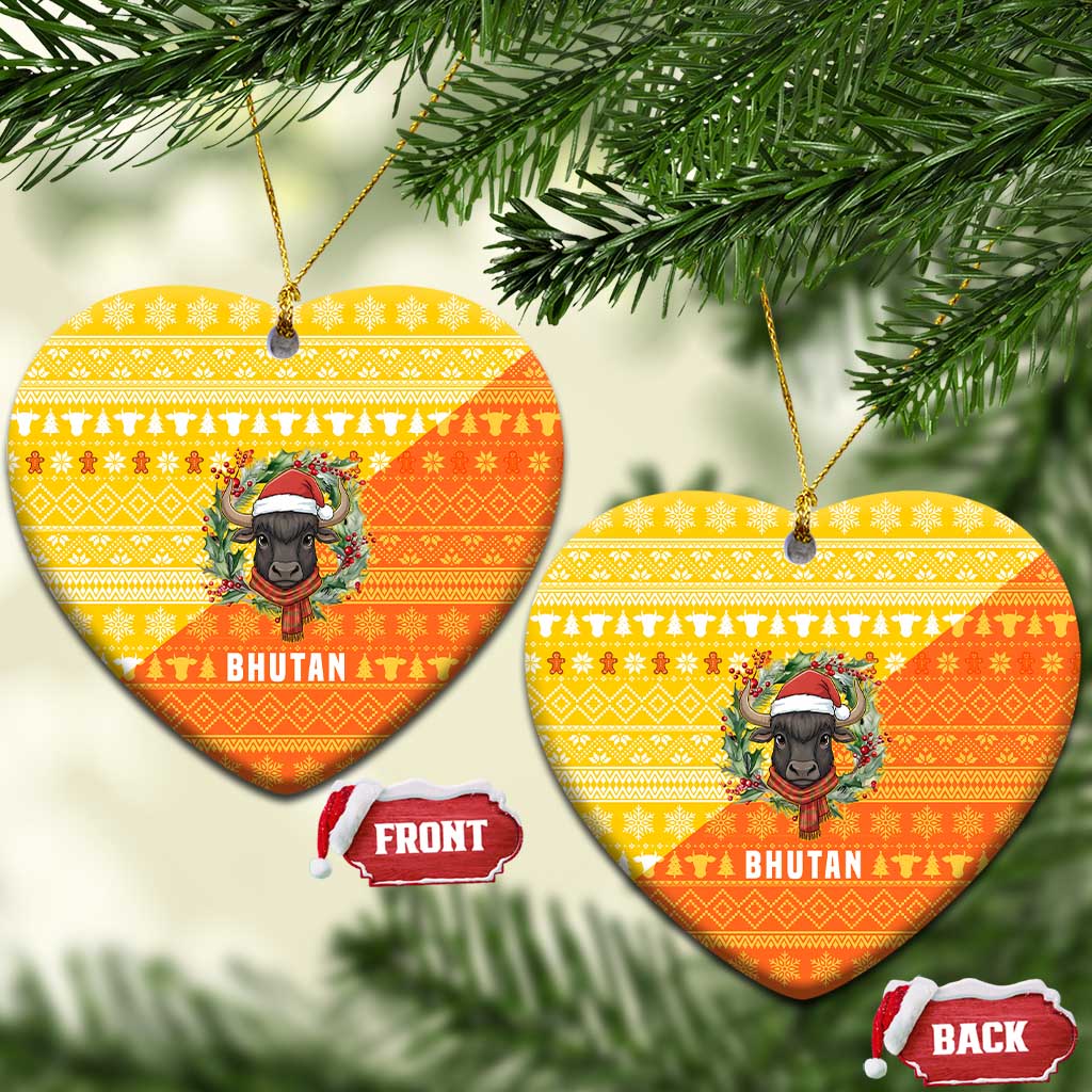 Bhutan Christmas Ceramic Ornament with Takin Reindeer Antlers Santa Hat and Yellow Orange Holiday Pattern - Wonder Print Shop