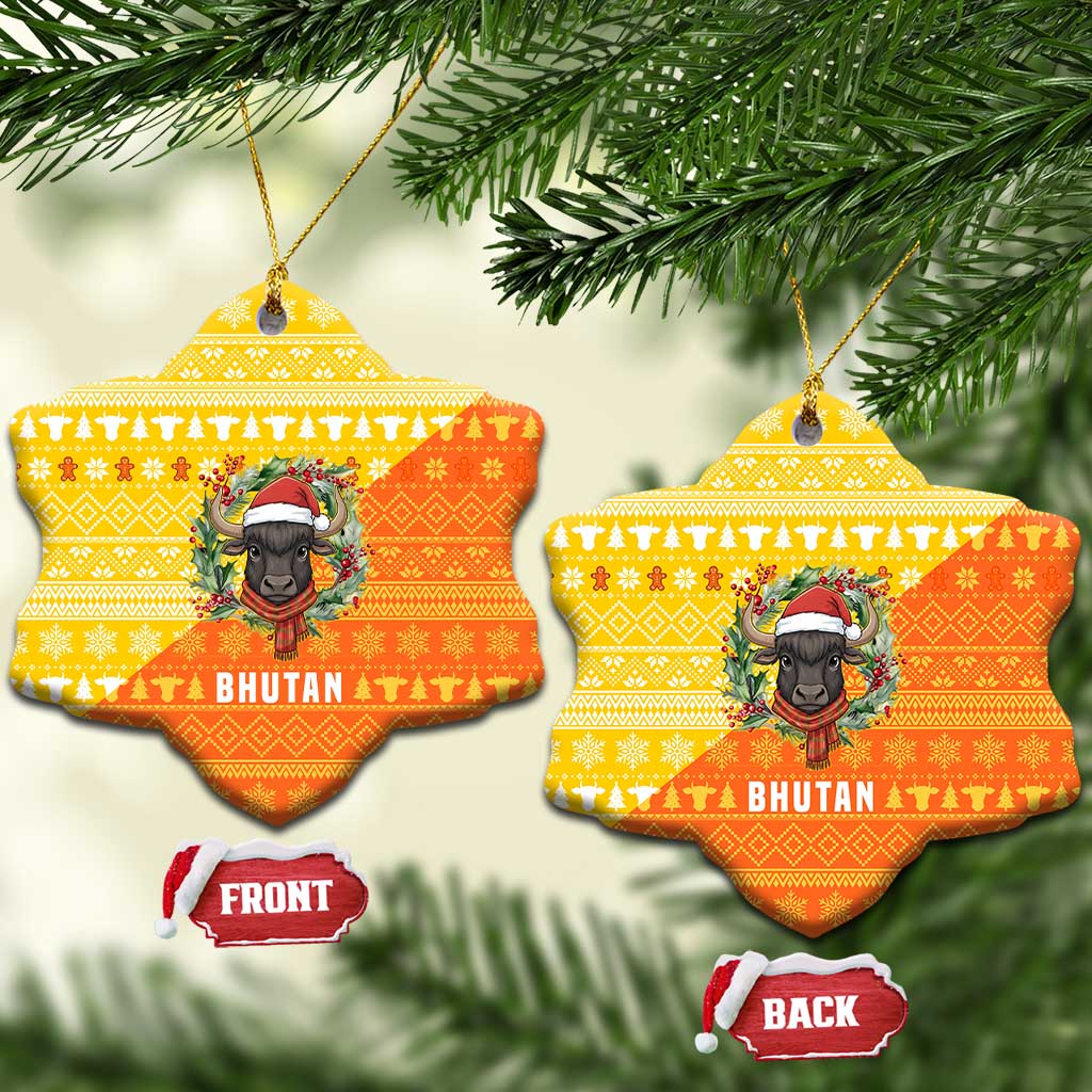 Bhutan Christmas Ceramic Ornament with Takin Reindeer Antlers Santa Hat and Yellow Orange Holiday Pattern - Wonder Print Shop