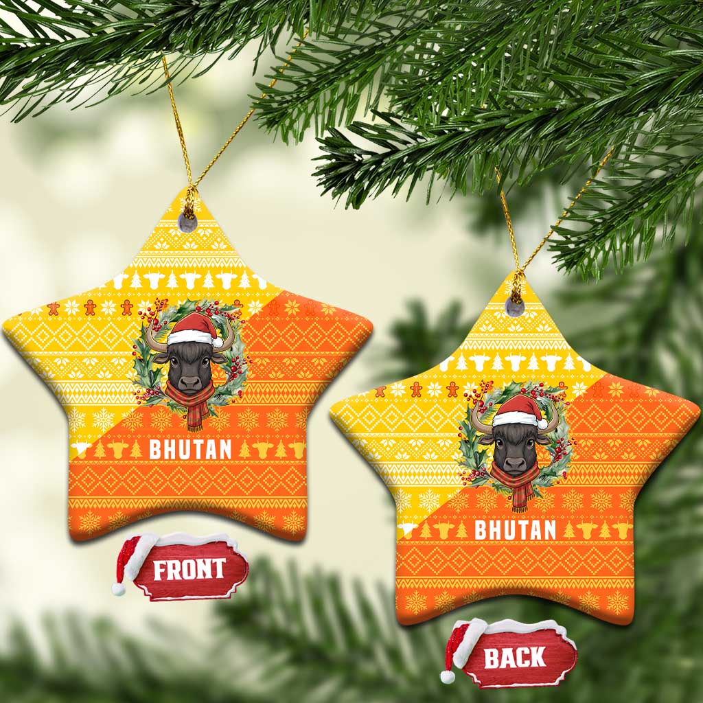 Bhutan Christmas Ceramic Ornament with Takin Reindeer Antlers Santa Hat and Yellow Orange Holiday Pattern - Wonder Print Shop
