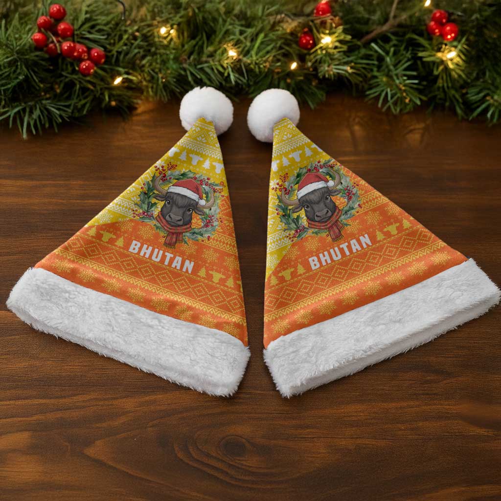 Bhutan Christmas Santa Hat with Takin Reindeer Antlers Santa Hat and Yellow Orange Holiday Pattern - Wonder Print Shop