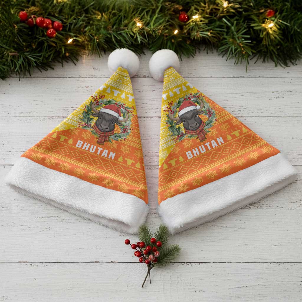 Bhutan Christmas Santa Hat with Takin Reindeer Antlers Santa Hat and Yellow Orange Holiday Pattern - Wonder Print Shop