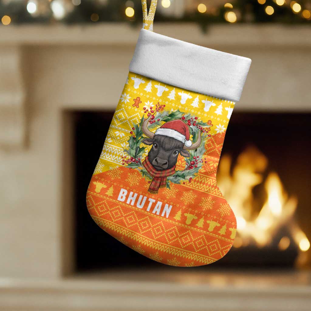 Bhutan Christmas Stocking with Takin Reindeer Antlers Santa Hat and Yellow Orange Holiday Pattern - Wonder Print Shop