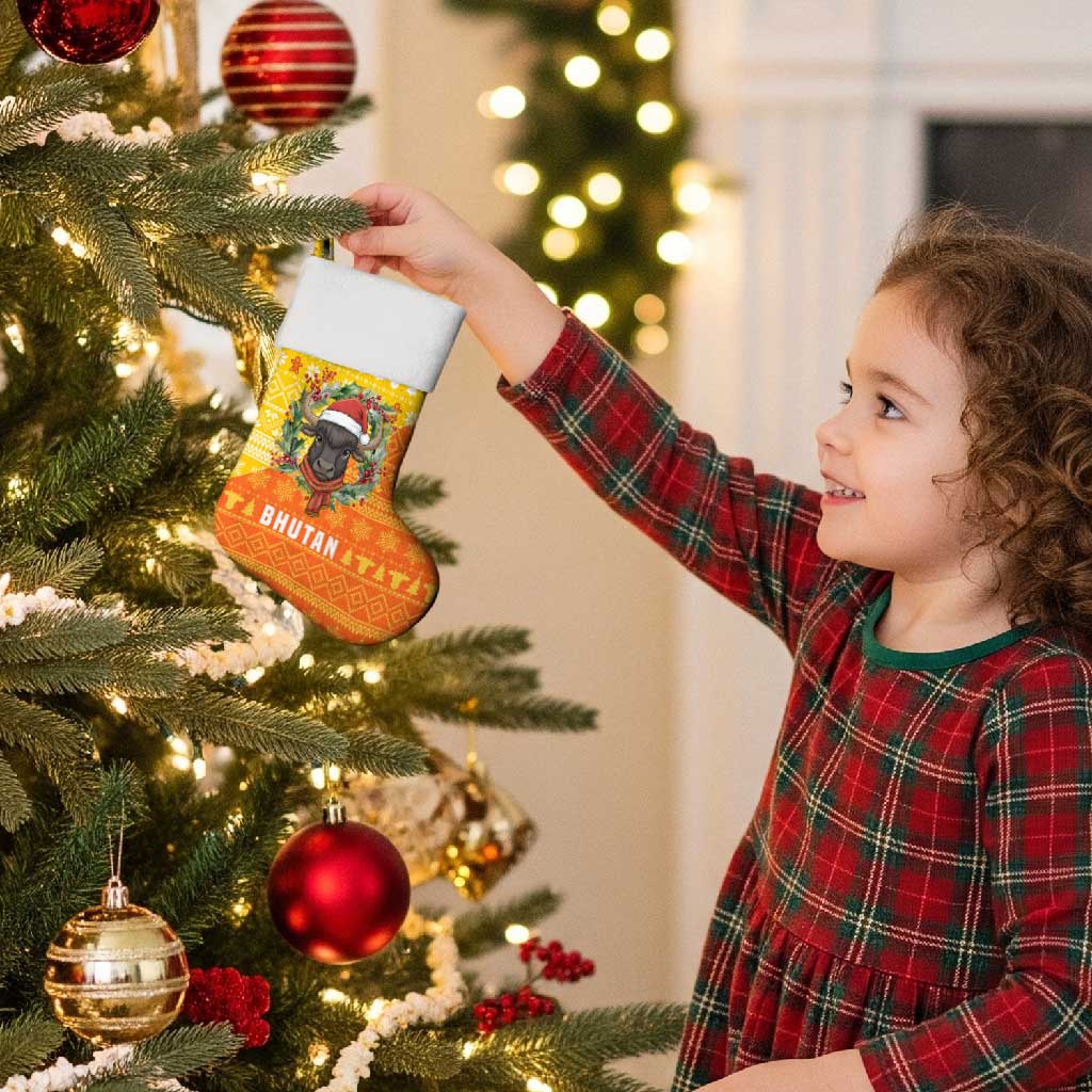 Bhutan Christmas Stocking with Takin Reindeer Antlers Santa Hat and Yellow Orange Holiday Pattern - Wonder Print Shop