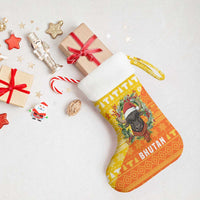 Bhutan Christmas Stocking with Takin Reindeer Antlers Santa Hat and Yellow Orange Holiday Pattern - Wonder Print Shop