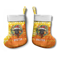 Bhutan Christmas Stocking with Takin Reindeer Antlers Santa Hat and Yellow Orange Holiday Pattern - Wonder Print Shop