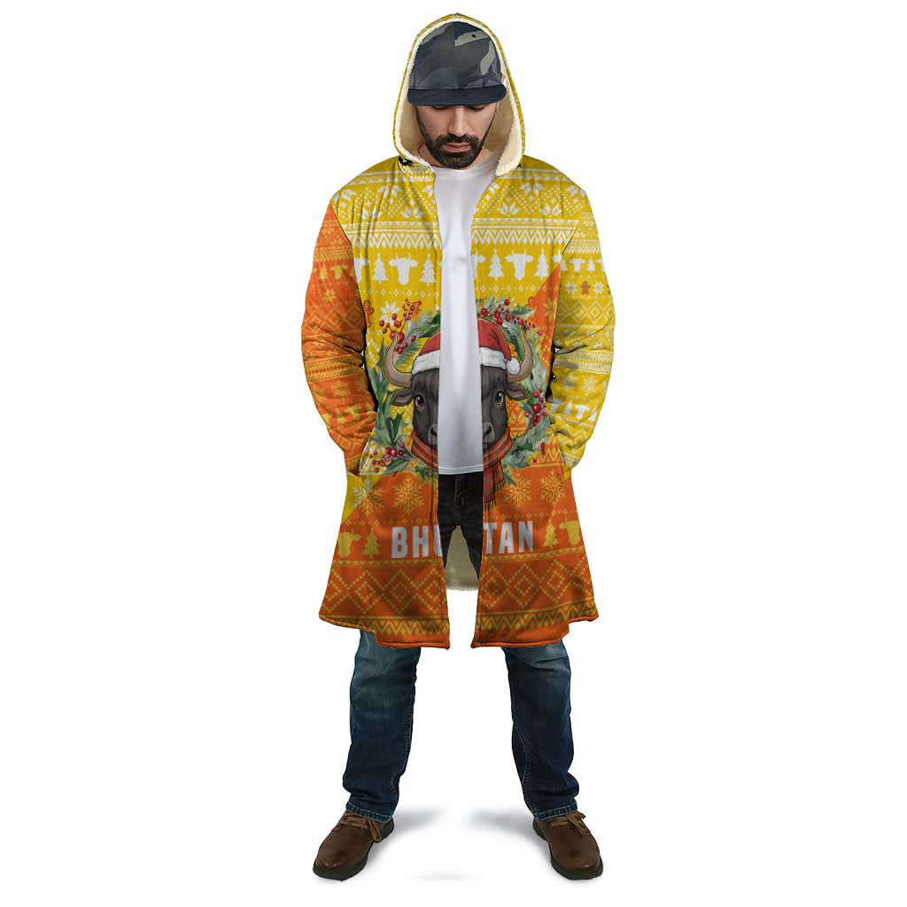 Bhutan Christmas Cloak with Takin Reindeer Antlers Santa Hat and Yellow Orange Holiday Pattern - Wonder Print Shop