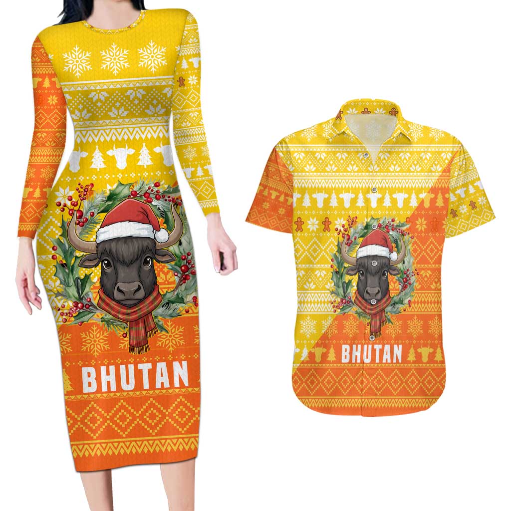 Bhutan Christmas Couples Matching Long Sleeve Bodycon Dress and Hawaiian Shirt with Takin Reindeer Antlers Santa Hat and Yellow Orange Holiday Pattern - Wonder Print Shop