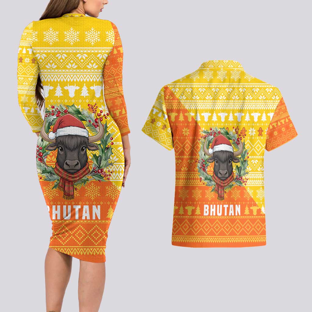 Bhutan Christmas Couples Matching Long Sleeve Bodycon Dress and Hawaiian Shirt with Takin Reindeer Antlers Santa Hat and Yellow Orange Holiday Pattern - Wonder Print Shop